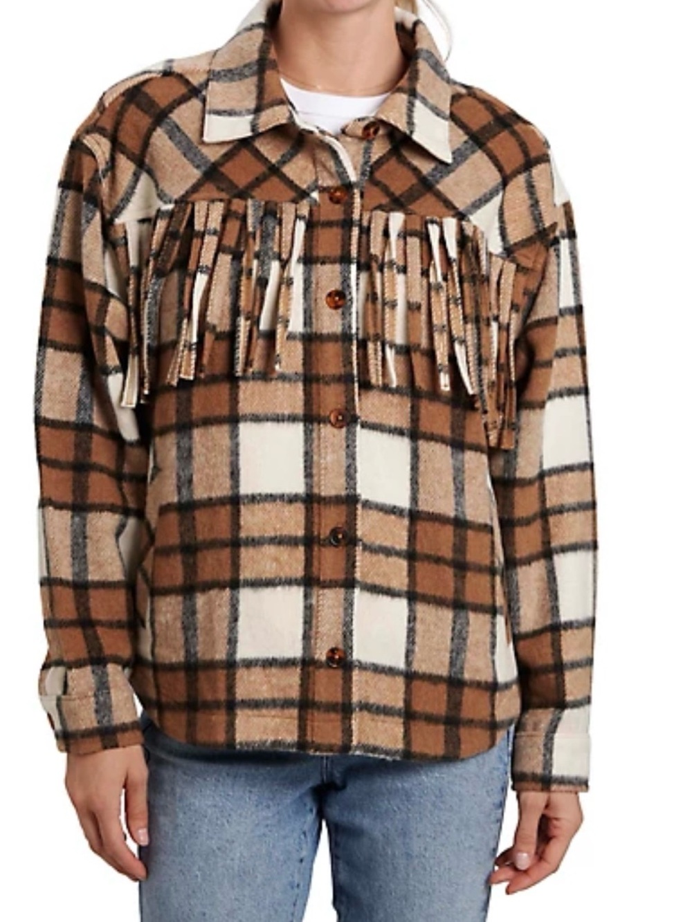 Vintage Threads Fringe Plaid Brown, Cream, Black Soft Boho  Shacket Size XL NWT
